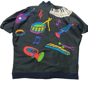 Silkscapes Womens 80s Vtg Oversized Musical Band Instruments AOP Applique Jacket